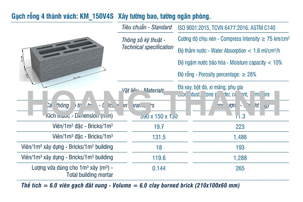 Gạch XMCL cao 130 xây tường rỗng 170mm